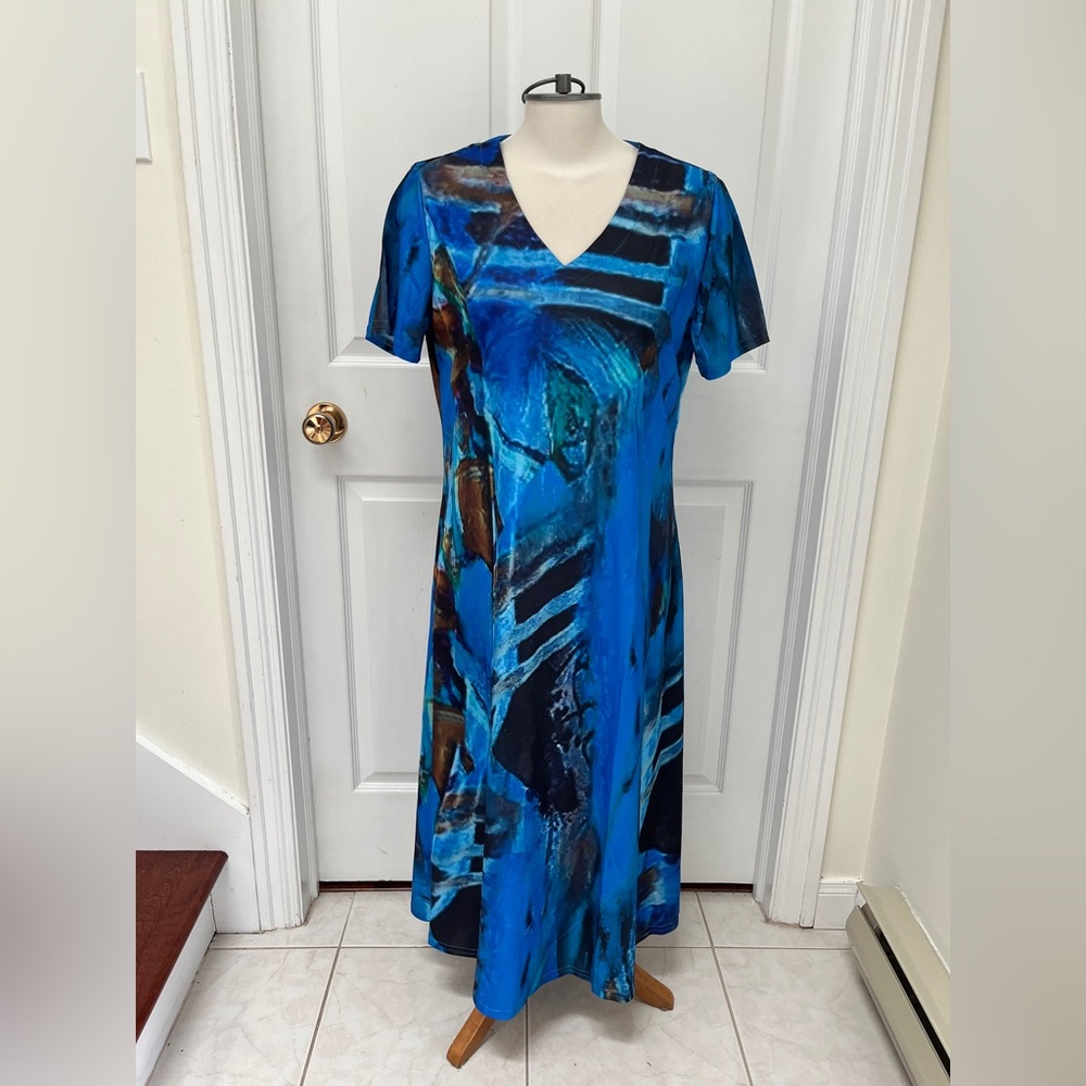 Abstract Blue V-Neck Dress size large